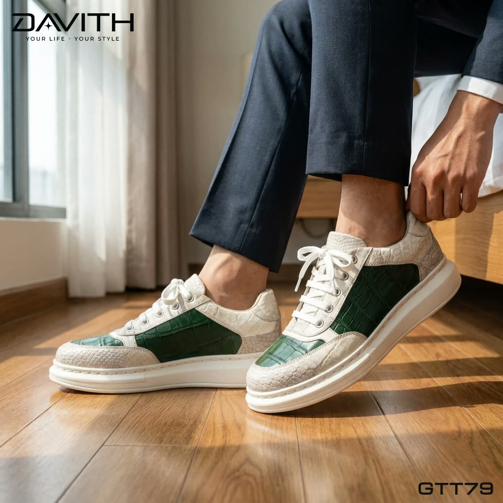 Sneaker da bụng cá sấu bạch tạng phối xanh GTT79 khi mang