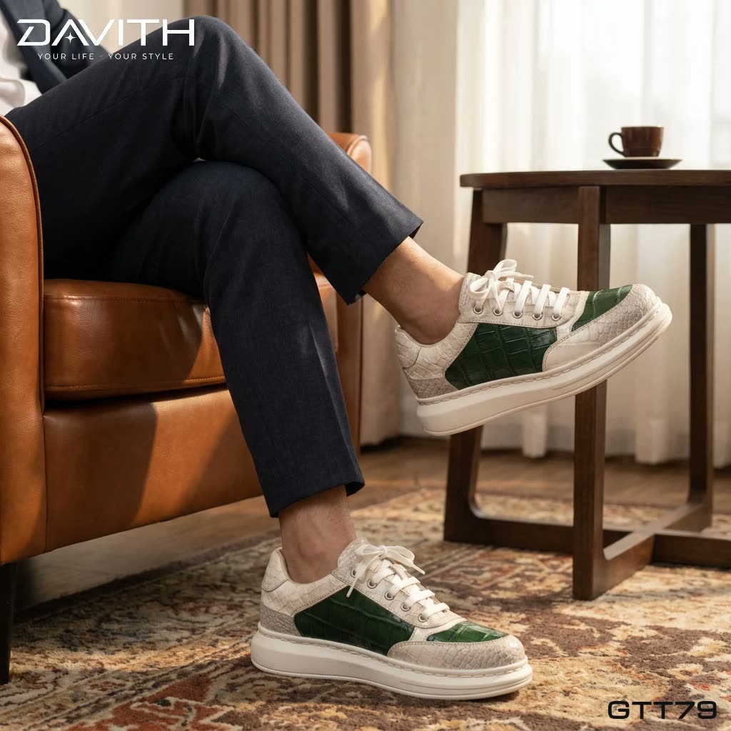 Sneaker da bụng cá sấu bạch tạng phối xanh GTT79 khi mang