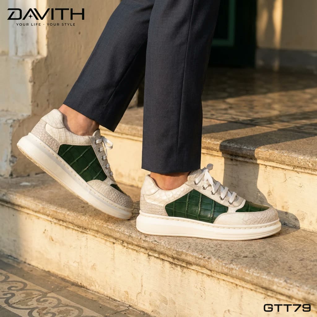 Sneaker da bụng cá sấu bạch tạng phối xanh GTT79 khi mang